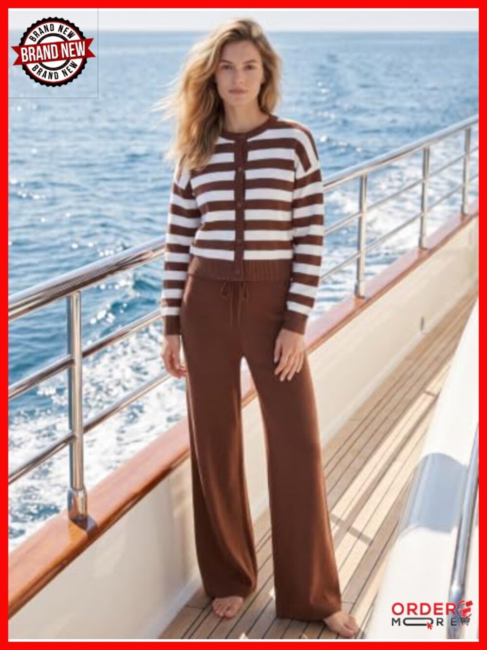 Women's 2 Piece Sweater Set Striped Cropped Cardigan Drawstring Lounge Pants - Picture 3 of 6